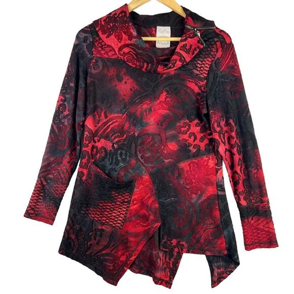 FLEW THE LIS Long Sleeve Cowl Neck BURNOUT Asymmetric Hem LAGENLOOK Blouse Small - Picture 1 of 10